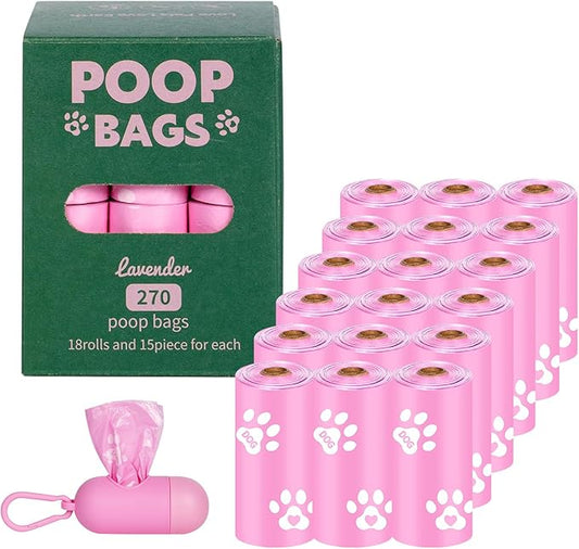 Toplive Dog Poop Waste Bags Set with Dispenser and Leash Clip, Leak-Proof Waste Bags for Outdoor Puppy Walking Cleanup, Poop Bags for Dog Doggy Cat Pet Replacement 18 Rolls (270 Bags), Pink