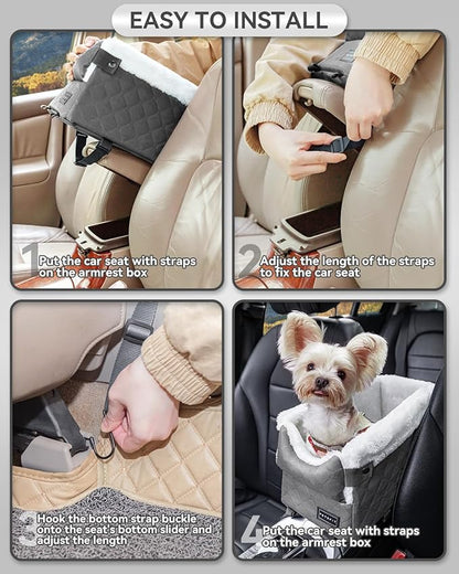 PETSFIT Center Console Dog Car Seat with Safe Protection Hooks, Pet Car Seat with Upgraded Safety Tethers, Washable Cushion, Console Dog Car Seats for Small Dogs Up to 8 Lbs (Grey)