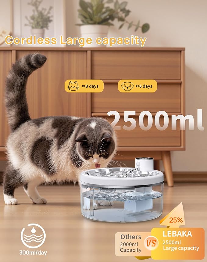 Wireless Cat Water Fountain with Stainless Steel Tray, 84oz/2.5L Pet Fountain for Cats Inside, Cat Fountain for Drinking with Motion Sensor, Ultra Quiet Pump for Pets&Small Animals (84oz+8Filters)
