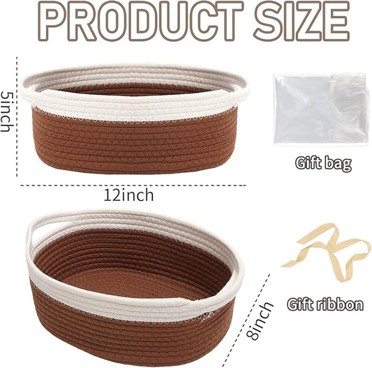 Woven Basket,Small Rope Storage Bin with Handles & Ribbon Bag, Organizer for Shelves Closets,Gift Basket Empty for Birthday,Books,Dog Toys, White&Brown/3 Pack