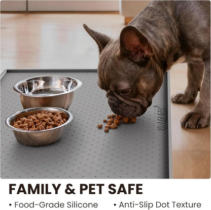 VIVAGLORY Dog Bowl Mat Grippymat Pet Food Mat, Waterproof Washable Nonslip Silicone for Pet & Cat, Food and Water Placemat with Lip & Raised Edges for Indoor Floor, S, Grey