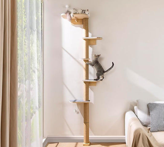 Floor to Ceiling Cat Tree for Kittens, 5-Tier Wall Mounted Cat Wall Shelves with Grey Felt Pads, Adjustable Wild Simulation Cat Tower, Natural Pine Wood Platforms for Climb, Scratch and Lookout