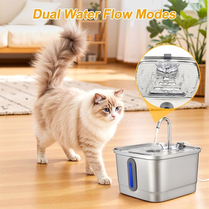 SEIRMEP Stainless Steel Cat Water Fountain, 101oz/3L Automatic Pet Water Fountain, Dog Water Fountain with Replacement Filters for Cats, Small Dogs (2 Filters and 2 Sponges)