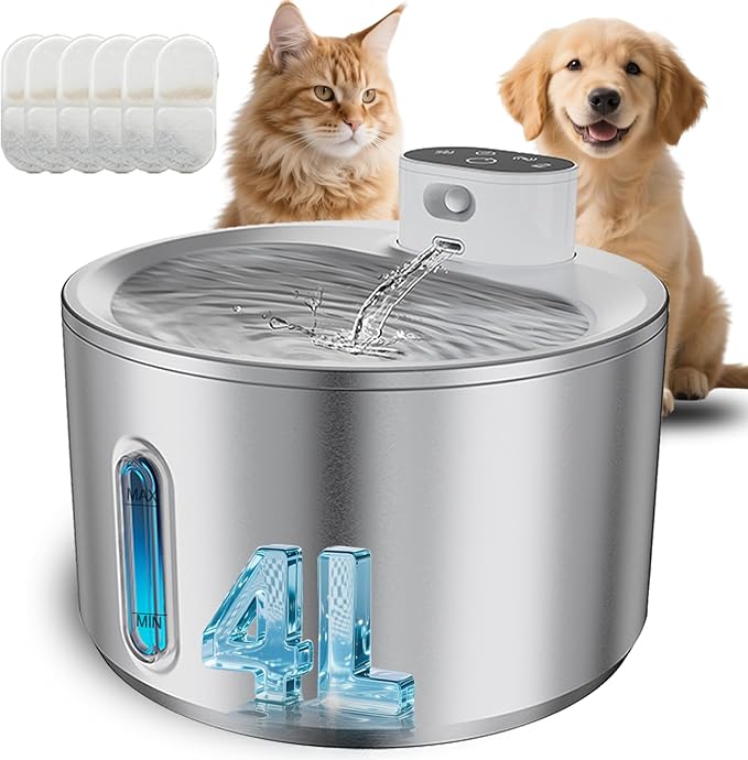 Cat Water Fountain Stainless Steel, 4L/135fl oz for Cats Dogs - Wireless Pet Water Dispenser Battery Operated with 5000mAh, Motion Sensor Activated, Ultra Quiet Pump, 6 Filters, Easy Clean Design