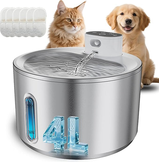 Cat Water Fountain Stainless Steel, 4L/135fl oz for Cats Dogs - Wireless Pet Water Dispenser Battery Operated with 5000mAh, Motion Sensor Activated, Ultra Quiet Pump, 6 Filters, Easy Clean Design