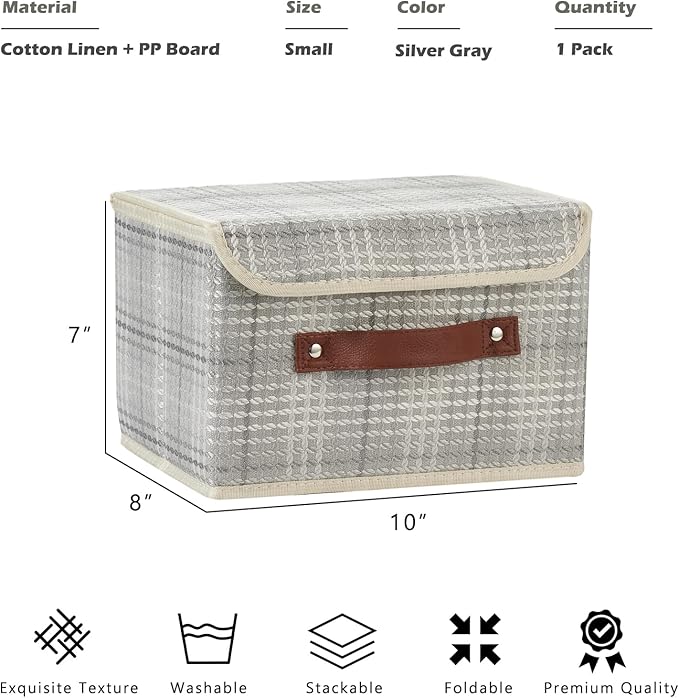 Storage Boxes with Lid 3D Textured Fabric Storage Bins Closet Organizer Containers Decorative Collapsible Washable Shelf Baskets with Faux Leather Handles (Silver Gray, Small Size)