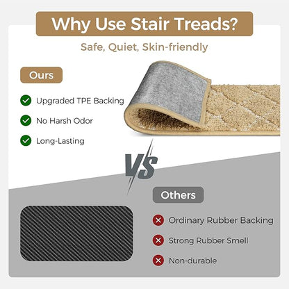 Non Slip Microfiber Stair Treads for Wooden Steps, 15PCS 8"x30" Indoor Safety Carpet, 3D Cut & Loop Tufted Edging Mats with TPE Adhesive Backing, Pet & Elderly Friendly Stair Rugs (Tan/White)