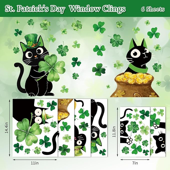Whaline 6 Sheets St. Patrick' s Day Window Clings Black Cat Green Shamrock Clover Window Decal Reusable Anti-Collision Windows Decor for Irish Holiday Party Supplies