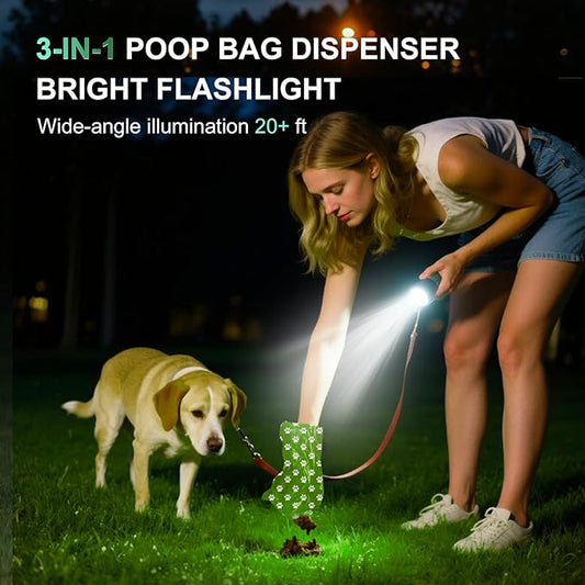 Tubasion 3-in-1 Dog Poop Bag Holder with Flashlight 7-Color, USB-C Rechargeable doggie bag holder for leash, IPX6 Waterproof Anti-Slip Clip Pet Waste Bag Dispenser for Walking (2 Dispensers, 60 Bags)