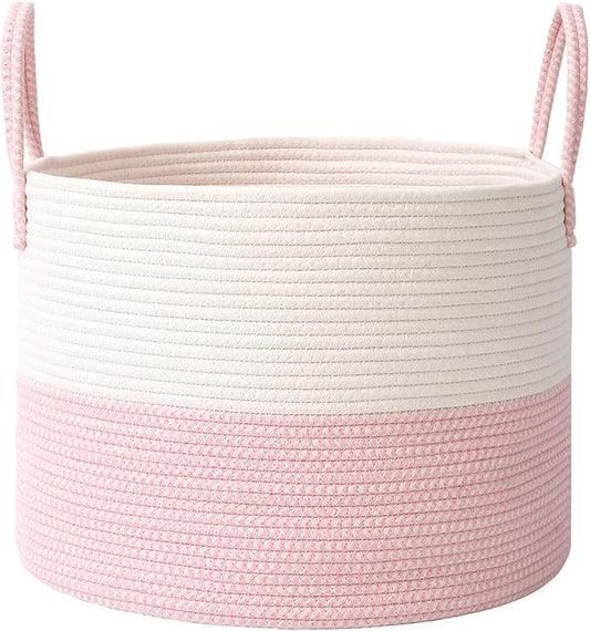 65L Extra Large Blanket Basket for Living Room - Woven Cotton Rope Laundry Hamper with Reinforced Handles - Storage Bin for Pillows, Comforters & Toys - Machine Washable,White&Pink