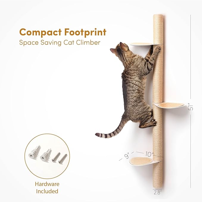 xympo 51" Wall-Mounted Cat Tree – Modern Space-Saving Cat Shelf with Sisal Scratching Post & Steel Climbing Steps – Stylish Cat Wall Furniture for Small Spaces