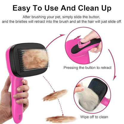 Self Cleaning Slicker Brush for Dog, Cat, Skin Friendly Shedding & Grooming Tool for Long and Short Haired Pets, Easy Clean Retractable Bristles, Pink