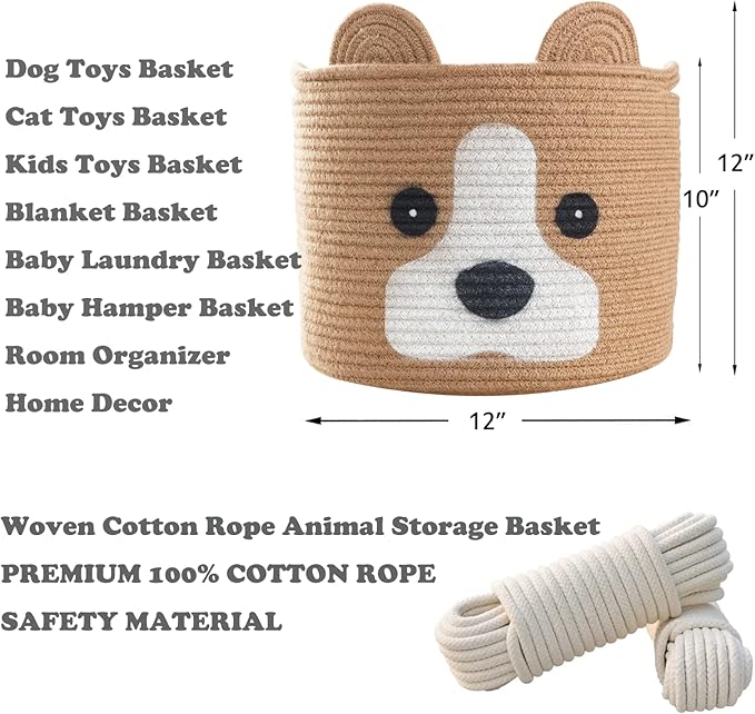 Medium Dog Woven Baskets with Handle, Dog Toy Hamper, Cotton Rope Dog Toy Storage Baskets for Pet, Animal Basket for Kids, Baby Gift Baskets for Dog Lovers, Jute