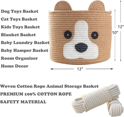 Medium Dog Woven Baskets with Handle, Dog Toy Hamper, Cotton Rope Dog Toy Storage Baskets for Pet, Animal Basket for Kids, Baby Gift Baskets for Dog Lovers, Jute