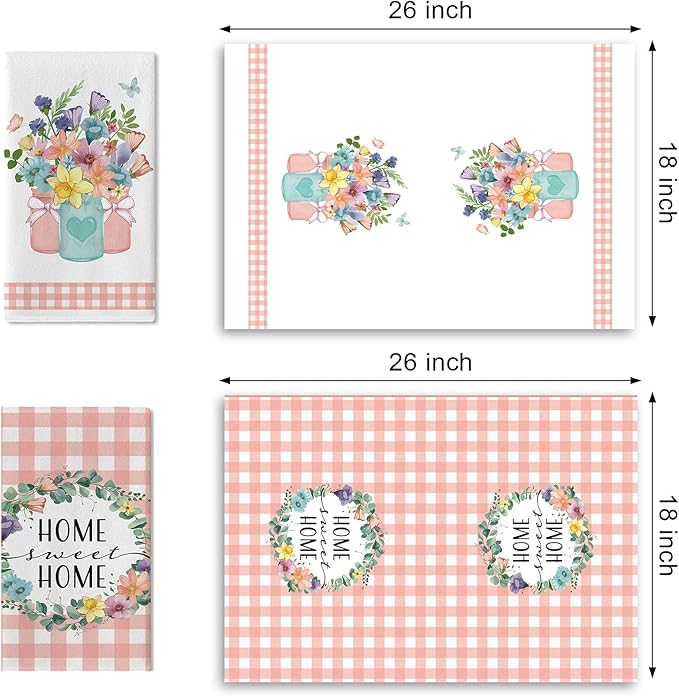 Spring Summer Floral Kitchen Dish Towels Set of 2, Home Sweet Home Floral Wreath Drying Hand Towel Baking Cooking Cloth, Pink Plaid Mason Jar Family Farmhouse Bathroom Decoration 18'' x 26''