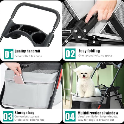 Pet Stroller 4 Wheels Dog Cat Stroller,Outdoor Trave Pet Folding Stroller,Foldable Dog Cat Cage Jogger Stroller with Cup Holder,Breathable and Visible Mesh for Medium Dogs Cats Pink