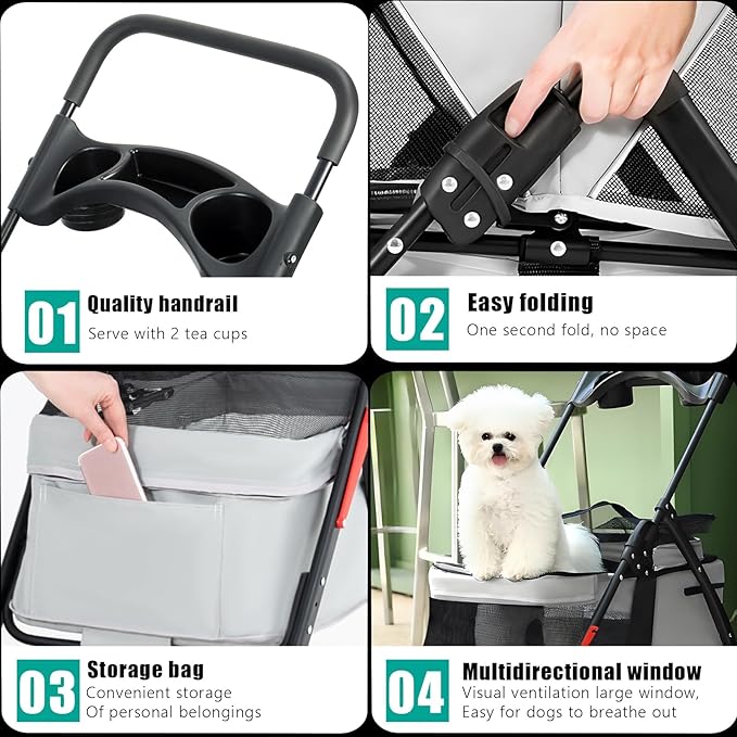 Pet Stroller 4 Wheels Dog Cat Stroller,Outdoor Trave Pet Folding Stroller,Foldable Dog Cat Cage Jogger Stroller with Cup Holder,Breathable and Visible Mesh for Medium Dogs Cats Grey