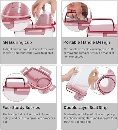 Airtight Small Cat Dog Pet Food Storage Containers BPA Free, with Large Pour Spout/1 Measuring Cup/ 4 Safety Locks and Double-layer Silicone Strip (Clear Pink, 3L-1pack)