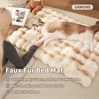 Cat Bed, Plush Faux Fur Kneading Flat Mat - Machine Washable Fluffy Pet Bed for Indoor Cats, Non-Slip Small Kitten Bed, Therapeutic Knead Cat Mat for Couch & Window Sill, 23"×15" Inch,Camel