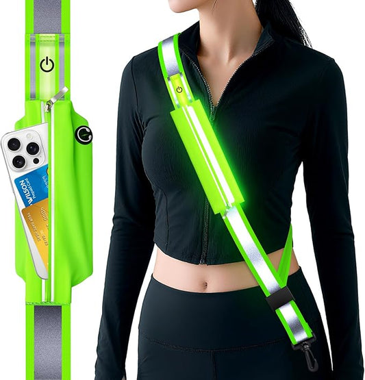 LED Reflective Belt Sash, Rechargeable LED Light Night Safety Walking Gear, High Visibility Adjustable Reflective Gear for Runners Walkers Cyclists at Night (Green)