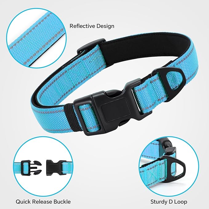 Reflective Dog Collar with Quick Release Buckle - Metal Ring - Adjustable Soft Neoprene Padded Basic Dog Collar for Small Medium Large Dogs (SkyBlue, Large :Width 1",Neck 15.7-23.6")