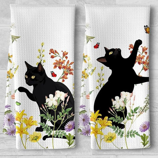 2-Pack Black Cat & Floral Kitchen Towels Decorative Set - Playful Feline Set-Quick-Drying Decorative Design Hand Towels for Cooking, Bathroom Decor - Purrfect Funny Gifts for Cat Lovers for Women