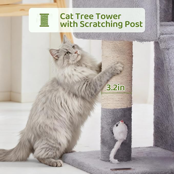 Woochpet 32inch Tall Cat Tree with 2 cat condo for Adult Cats Cozy Cat Tower with Scratching Post and Scrather Board for Cats of Different Ages.（Light Grey）