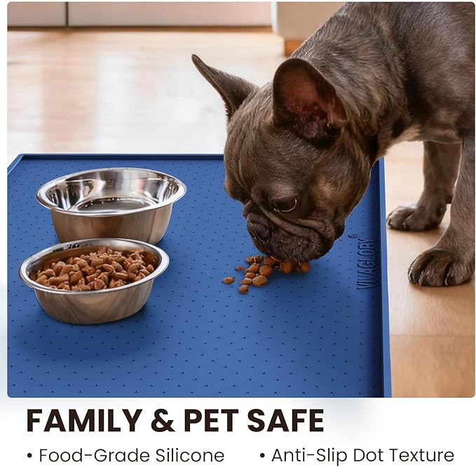 VIVAGLORY Dog Bowl Mat Grippymat Pet Food Mat, Waterproof Washable Nonslip Silicone for Pet & Cat, Food and Water Placemat with Lip & Raised Edges for Indoor Floor, L, Navy Blue