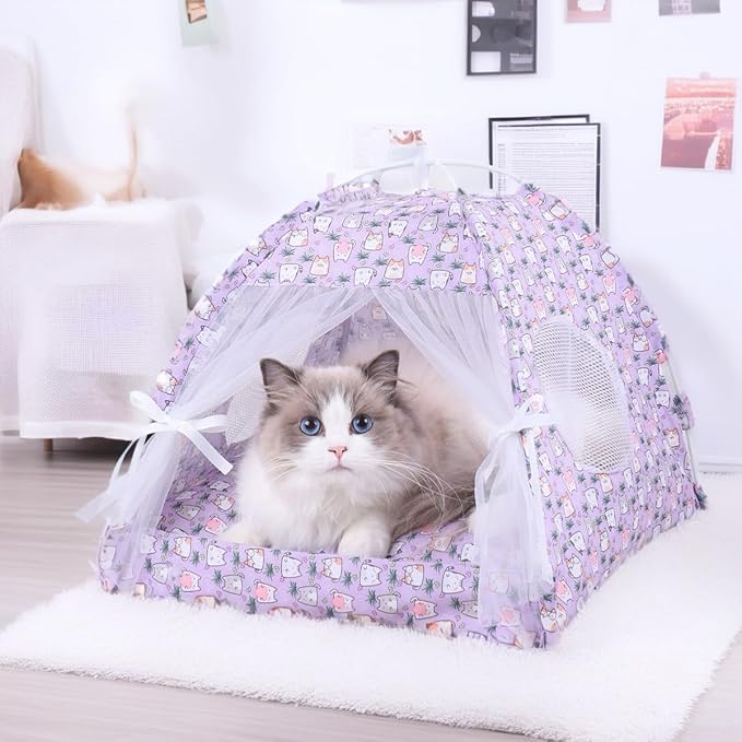 Selena Dog Tent House Cat Bed Indoor Outdoor Bow Ribbon Lace Mesh Breathable Windows Door Curtains Removable Portable Pet Nest Teepe (Medium,Purple+Cat)