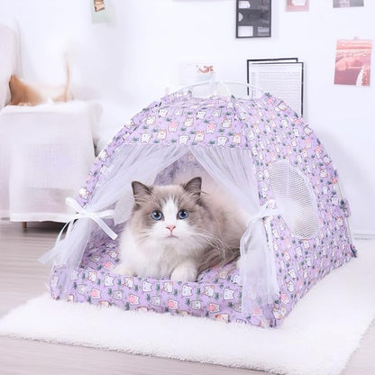 Selena Dog Tent House Cat Bed Indoor Outdoor Bow Ribbon Lace Mesh Breathable Windows Door Curtains Removable Portable Pet Nest Teepe (Medium,Purple+Cat)