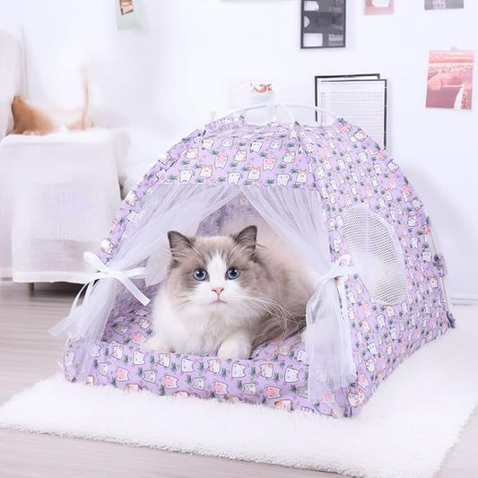 Selena Dog Tent House Cat Bed Indoor Outdoor Bow Ribbon Lace Mesh Breathable Windows Door Curtains Removable Portable Pet Nest Teepe (Medium,Purple+Cat)