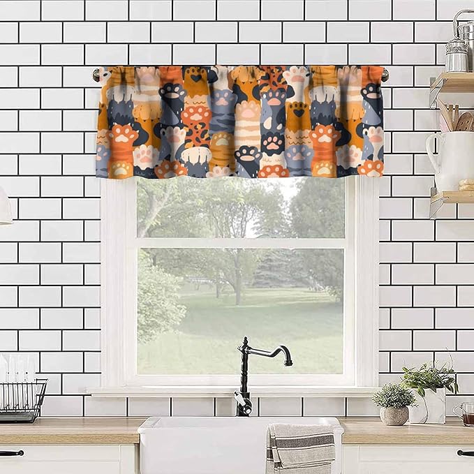 Paw Valances Curtain for Kitchen, Cute Feline Raising Hands While Showing Paw Window Treatment Valances Short Curtains Rod Pocket Drape for Dining Room Home Farmhouse Decor, 54x18inch