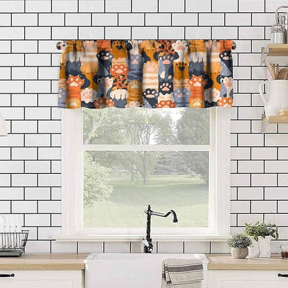 Paw Valances Curtain for Kitchen, Cute Feline Raising Hands While Showing Paw Window Treatment Valances Short Curtains Rod Pocket Drape for Dining Room Home Farmhouse Decor, 54x18inch
