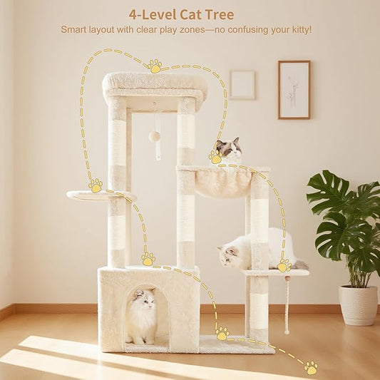 Heybly Heavy Duty Cat Tree, Tower for Indoor Cats Large Adult, Tall Cat Condo House with Extra-Large Baseboard, Multi-Level Plush Furniture with Scratching Posts, Hammock,Toy Balls, Beige HCT026M