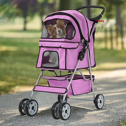 4 Wheels Dog Stroller, Foldable Pet Stroller for Small Medium Dogs, Portable Breathable Cat Stroller Dog Strollers with Storage Basket, Cup Holders, Removable Liner for Travel & Outdoor Use, Pink