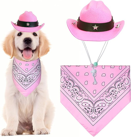 GOYOSWA Dog Halloween Costumes, Dog Cowboy Costume Halloween Pet Cowboy Hat Bandana Scarf for Small Medium Large Dogs Pets (Pink Hat & Pink Bandana, Small)