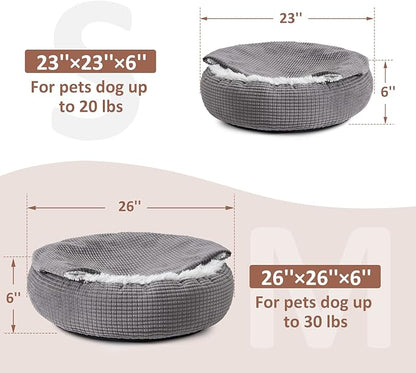 MIXJOY Small Dog Bed Cat Bed with Blanket Attached, Round Hooded Cozy Dog Cave Beds for Small Dogs, Soft Plush Cuddler Puppy Pet Bed, Anti-Slip Bottom, 23inch