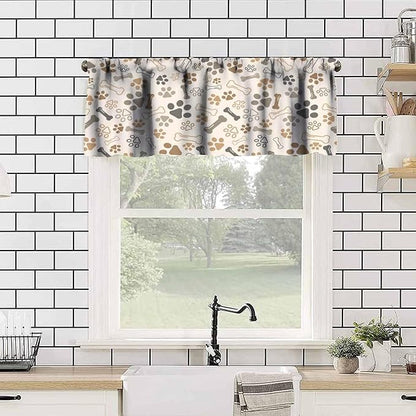 Paw Valances Curtain for Kitchen, Brown Beige Dog Paw Bone Window Treatment Valances Short Curtains Rod Pocket Drape for Dining Room Home Farmhouse Decor, 54x18inch
