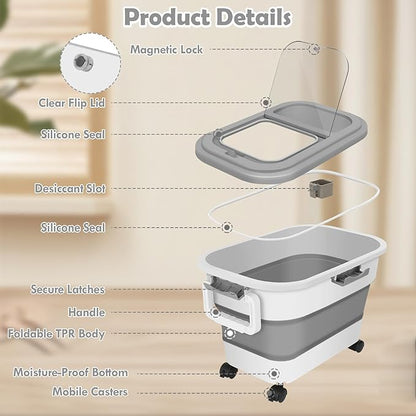 Dog Food Storage Container, 20Lbs Large Collapsible Pet Cat Food Container with Airtight Lids Wheels Handle Scoop Measuring Cup Small Container, Rice Kitchen Dry Food Storage Dispenser Bin (Grey)