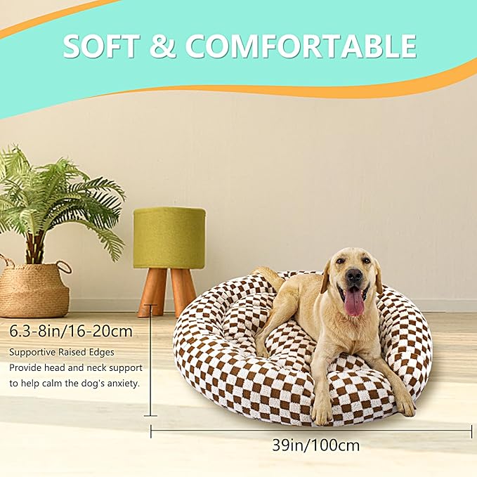 39 Inch Calming Dog Bed for Large Dogs, Round Anti-Anxiety Warm Bed, Soft Cozy Anti-Slip Donut Washable Pet Bed, Fits up to 100 lbs Pets