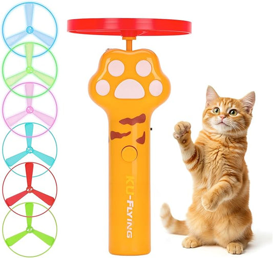 Cat Chase Fetch Toy - Rechargeable Disc Launcher with 6 Flying Spinners - Best Interactive Pet Hunting Toys for Indoor Outdoor Yard Cats Dog (Yellow)