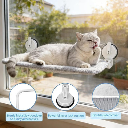 L&W BROS. Cat Window Perch with Lever Lock Suction Cups Holds up to 50 lbs Foldable & Space Saving Design Heavy Duty Window Hammock for Large Cats (M 1Pc)