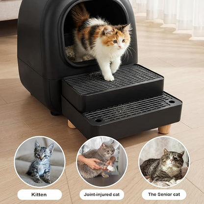 Adjustable 2 Steps Litter Box Ramp, Cat Litter Catcher Mat with Wooden Feet, Filter Function, Litter Box Step for Small & Elderly Cats, Fits Automatic Litter Boxes (Black)