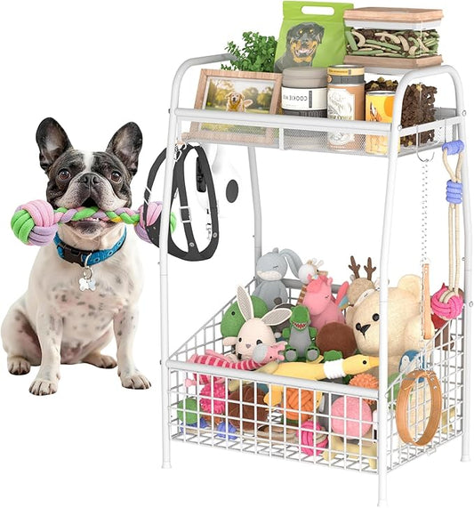 Indestructible Medium Dog Toy basket, Toy Box for Dogs,Pet Toys Bin Dog Metal Wire Basket for Toys, Food Storage, Storage Organizer Chest Storage, Toy Box for Living Room Area (White)
