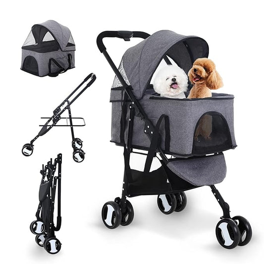 Dog Stroller Cat Stroller Pet stoller 3-in-1 Folding Dog Stroller for Small Medium Dogs Cats with Detachable Carrier Storage Basket Waterproof Lightweight for Travel,Grey