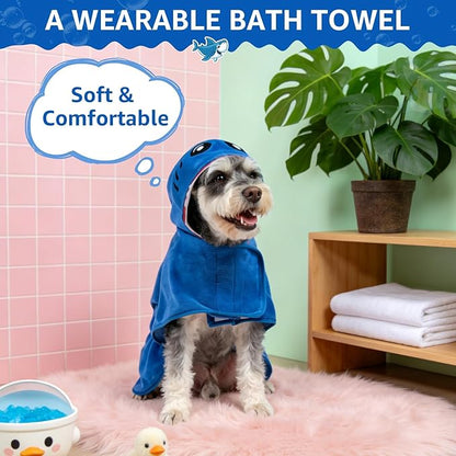 SCENEREAL Dog Bathrobe Fast Drying Towel Microfiber Dog Towel Robe with Hook and Loop Closure & Wrap Tie Snuggle, Super Absorbent Pet Cat Dog Bath Robe Drying Coat, Shark Hood 2XL