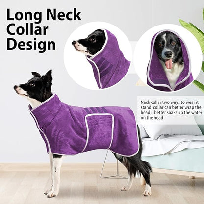 Dog Bathrobe Towel Dog Drying Coat - Super Absorbent Towels Bath Robe for Dogs Large, Soft Adjustable Collar & Belly Strap Fast Drying Coat Pet Cat Bath Robe (Violet, Large)