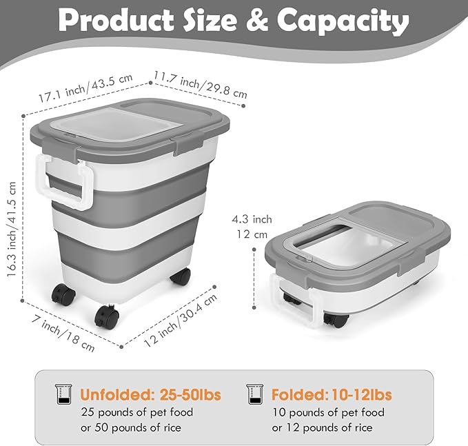 Pet Food Storage Container, 25lbs Large Collapsible Dog Cat Food Container with Airtight Lids Wheels Handle Scoop Measuring Cup Small Container, Rice Kitchen Dry Food Storage Dispenser Bin (Grey)
