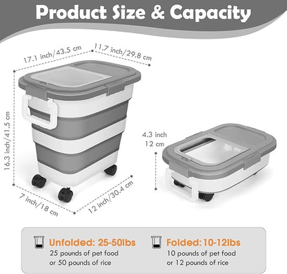 Pet Food Storage Container, 25lbs Large Collapsible Dog Cat Food Container with Airtight Lids Wheels Handle Scoop Measuring Cup Small Container, Rice Kitchen Dry Food Storage Dispenser Bin (Grey)