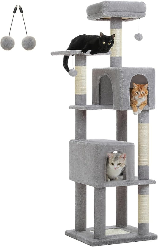 PEQULTI 62" Cat Tree for Indoor Cats, Multi-Level Cat Tower with Cozy Cat Condo Clearance Prime, Grey